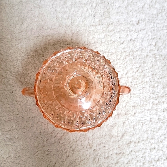 Holiday Pink Buttons And Bows Sugar Bowl And Lid Jeannette Glass 1940s - Picture 2 of 4